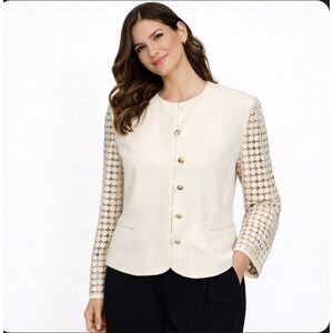 Escada Couture Jacket Women EU 38 Cream Silk Lace Sleeve Rhinestone Button READ
